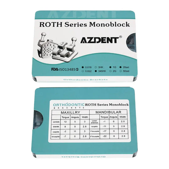 Dental Metal Brackets Mini Roth .018 MIM Monoblock Hooks on 345 400pcs/Box: AZDENT ROTH Series Monoblock orthodontic brackets packaging, showing product details and specifications for maxillary and mandibular brackets with torque, angulation, and width measurements