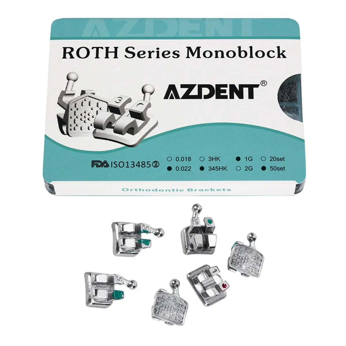 Dental Metal Brackets Mini Roth .022 Hooks, 1000pcs, 50 Sets/Box. AZDENT ROTH Series Monoblock orthodontic brackets displayed in packaging and as individual metal braces with various specifications shown.