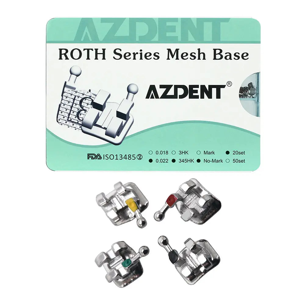 Dental Mesh Base Metal Brackets Mini Roth .022 Hooks on 345 400pcs/Box - AZDENT ROTH Series Mesh Base orthodontic brackets with FDA certification, featuring 4 metal brackets with colorful markers for easy identification and precise dental treatment