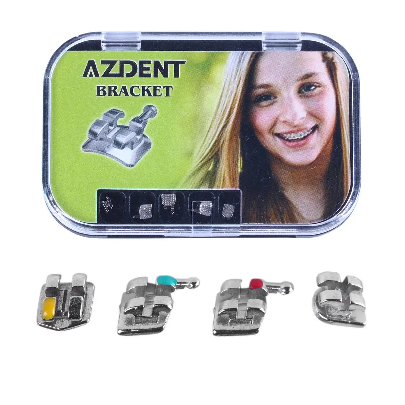 Dental Metal Brackets MIM Monoblock Mini Roth .022 Hooks on 345 20pcs/Box displayed in AZDENT Bracket product case with colorful metal bracket samples shown below, demonstrating various orthodontic bracket designs and sizes for dental applications