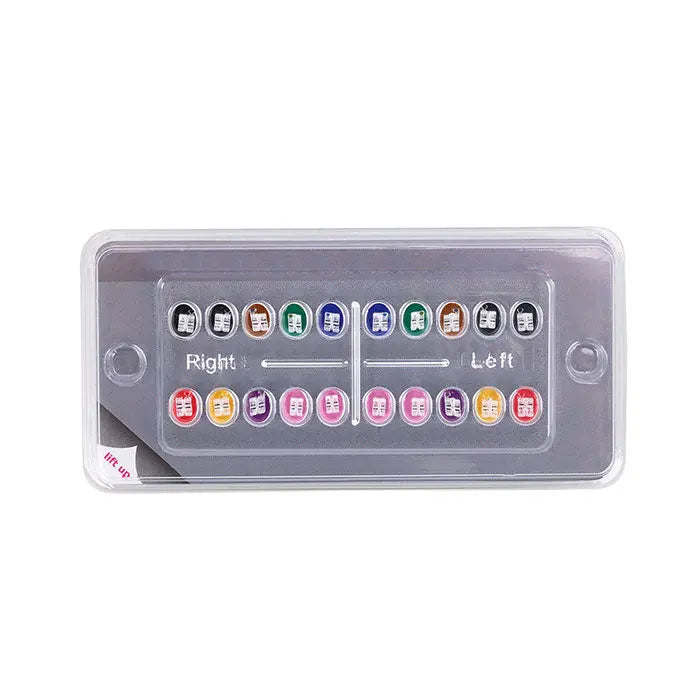 Dental Ceramic Bracket Monocrystalline Sapphire Roth .018 set in clear plastic container, showing 20 colorful brackets arranged in two rows, labeled 'Right' and 'Left' for easy identification and placement in orthodontic treatments