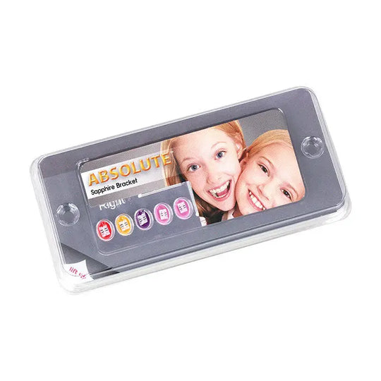 Dental Ceramic Bracket Monocrystalline Sapphire Roth .018 packaging displaying product name and colorful icons, with image of two smiling individuals on device-like display