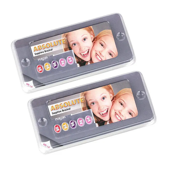 Dental Ceramic Bracket Monocrystalline Sapphire Roth .018 Hooks packaging, showing two transparent plastic cases with product labels and colorful icons, representing dental orthodontic brackets for professional use