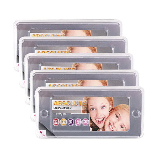 Dental Ceramic Bracket Monocrystalline Sapphire Roth .018 Hooks on 345 20pcs/Box: Transparent plastic cases containing dental brackets with colorful identification markers, showcasing product packaging and organization for orthodontic supplies