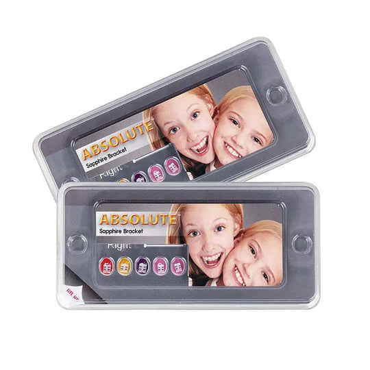 Dental Ceramic Bracket Monocrystalline Sapphire MBT .022 packaging displaying product features and colorful icons, showcasing transparent cases with product information and branding