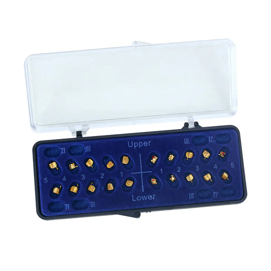 Dental Metal Brackets Mini MBT 0.022 Hooks on 345 Gold Color 20pcs/Box displayed in a blue plastic case with clear lid. Gold-colored brackets arranged in rows, showing upper and lower sets for orthodontic use. Professional dental equipment presentation.