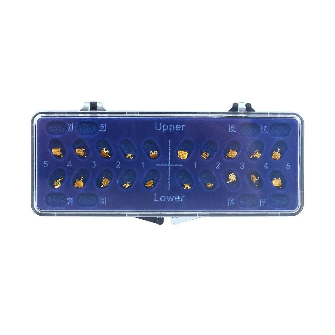 Dental Metal Brackets Mini MBT 0.022 Hooks on 345 Gold Color 20pcs/Box displayed in a blue plastic case with numbered slots for upper and lower teeth, showing small golden brackets arranged neatly in rows