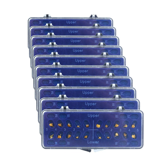 Dental Metal Brackets Mini MBT 0.022 Hooks on 345 Gold Color 20pcs/Box: Multiple blue orthodontic bracket trays stacked, showing upper and lower dental brackets with gold-colored hooks, organized in rows for easy use and identification.