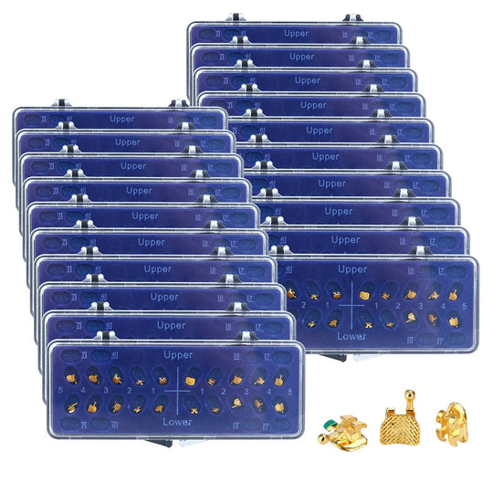 Dental Metal Brackets Mini MBT 0.022 Hooks on 345 Gold Color 20pcs/Box: Multiple blue plastic cases containing gold-colored dental brackets, arranged in rows. Three individual gold brackets visible in foreground.