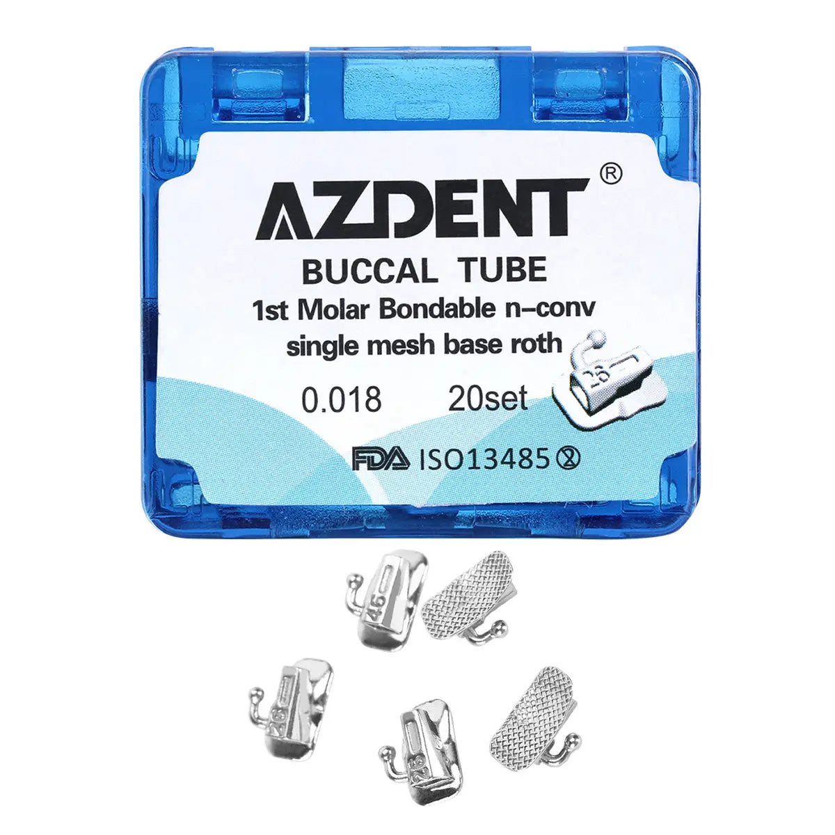 Buccal Tube 1st Molar Bondable Split Non-Convertible Roth 0.018 80pcs/Box: AZDENT brand orthodontic buccal tubes in blue plastic case, displaying product details and FDA certification. Case contains 20 sets of single mesh base Roth 0.018 tubes for first molars, with small metal components visible below.