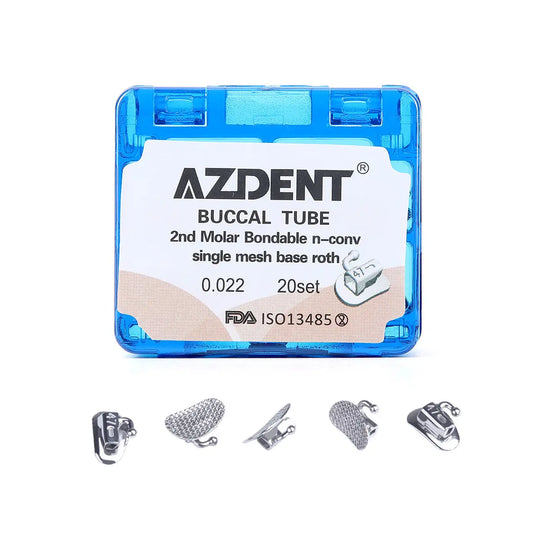 Buccal Tube 2nd Molar Bondable Split Non-Convertible Roth 0.022 20Sets/Box displayed in blue packaging with AZDENT logo. Below, five detailed images of orthodontic components including mesh bases and tube structures for dental applications.