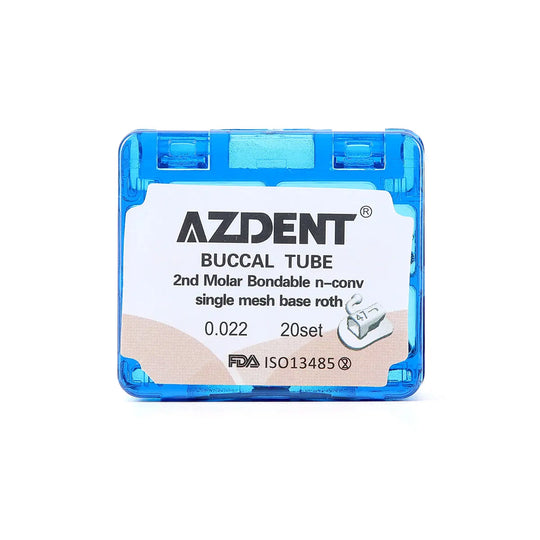 Buccal Tube 2nd Molar Bondable Split Non-Convertible Roth 0.022 20Sets/Box by AZDENT. Blue plastic case containing orthodontic buccal tubes for second molars. Product details visible on white label, including size 0.022 and 20-set quantity. FDA approved dental instrument for orthodontic treatment.