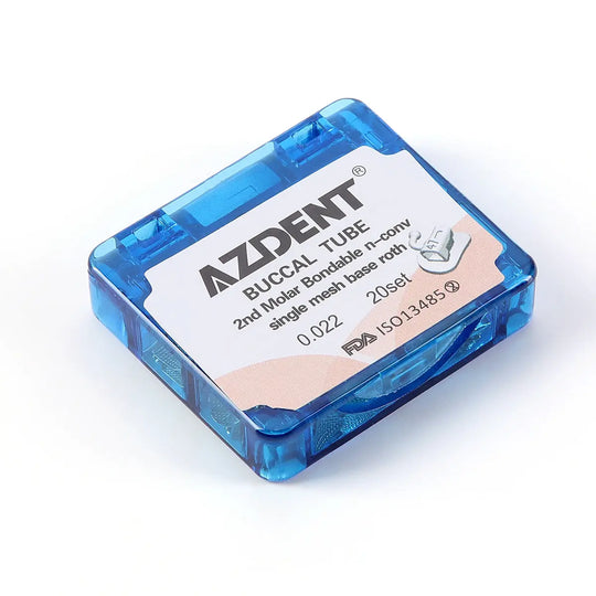 Buccal Tube 2nd Molar Bondable Split Non-Convertible Roth 0.022 20Sets/Box by Azdent, displayed in a transparent blue plastic case with product details printed on a white label. Orthodontic dental equipment for precise tooth alignment.