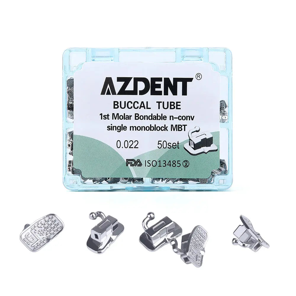 Azdent Buccal Tube 1st Molar Bondable Monoblock Non-convertible MBT 0.022 50Sets/Box. Transparent plastic case containing orthodontic buccal tubes. Close-up of various metal buccal tube designs shown below the case, illustrating different attachment methods for orthodontic treatment.