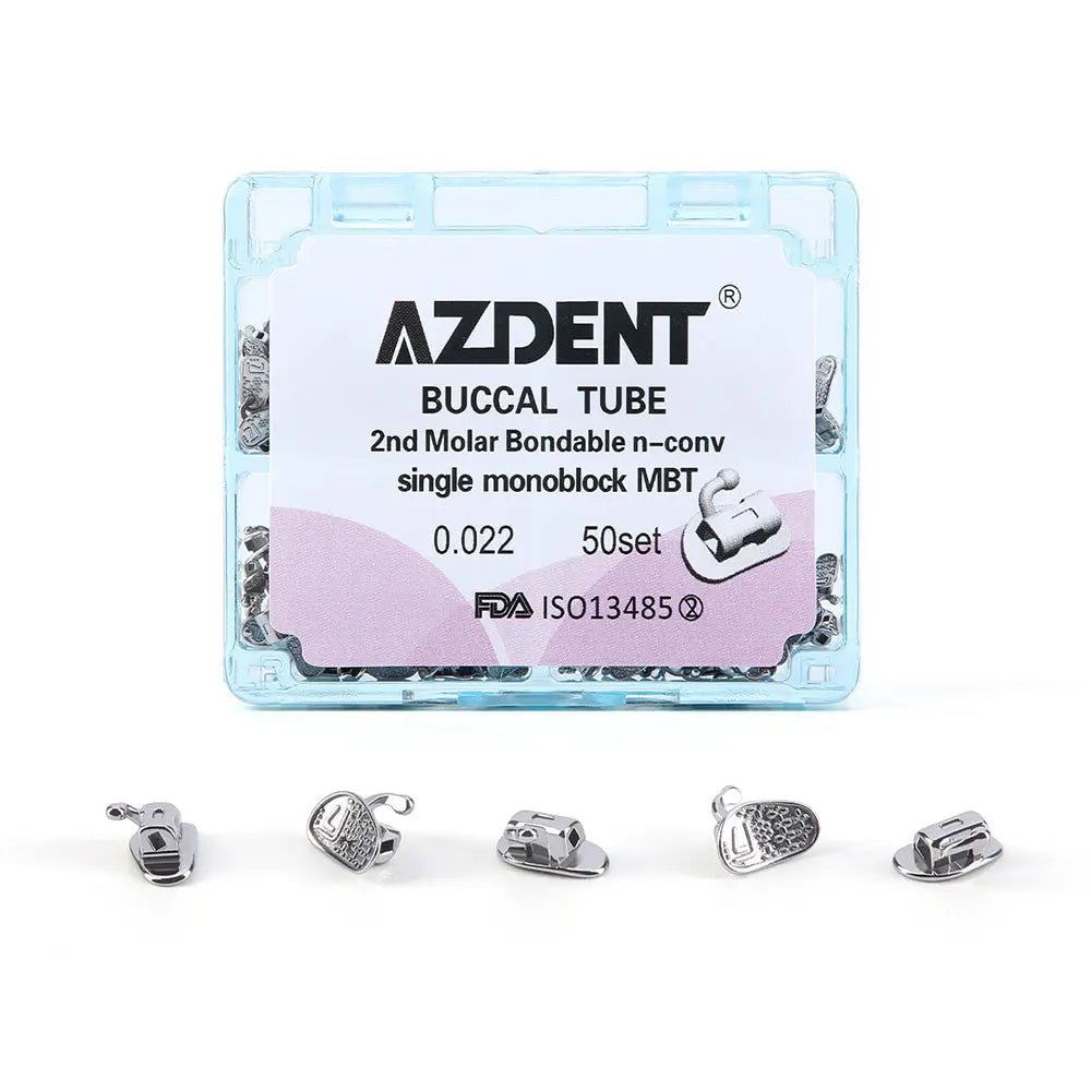 AZDENT Buccal Tube 2nd Molar Bondable Monoblock Non-convertible MBT 0.022 50Sets/Box displayed in packaging with product details. Below, five small metal orthodontic devices shown in various angles, illustrating the buccal tubes included in the set.