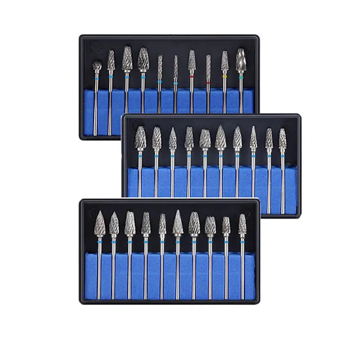 Dental Carbide Drills Cutter Burs Kit HP 2.35mm Type A/G/J 10pcs/Box displayed in three black trays with blue inserts, each containing multiple silver dental drill bits of various shapes and sizes, arranged neatly in rows for professional dental use