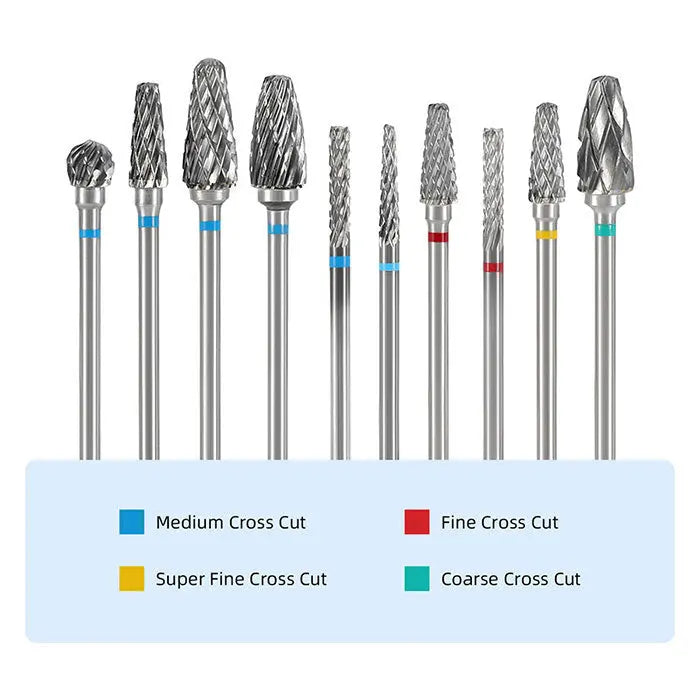 Dental Carbide Drills Cutter Burs Kit HP 2.35mm Type A/G/J 10pcs/Box. Set of 10 silver dental burs with different shapes and sizes, color-coded for various cross-cut types including medium, fine, super fine, and coarse. Suitable for grinding, polishing, and finishing acrylic, resin, stones, soft metal, or wood.