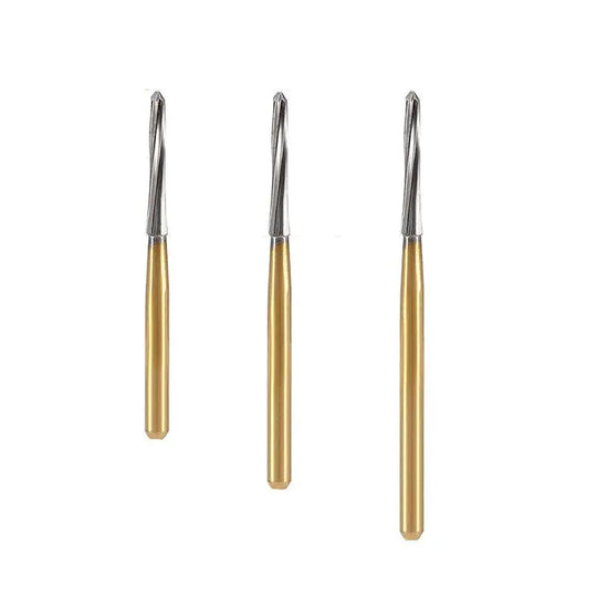 Dental Endodontic Carbide Burs FG Titanium Coated for shaping and refining access preparations. Set of three burs with gold-colored titanium-coated shafts and silver-toned spiral cutting tips, displayed in varying lengths for different endodontic procedures.