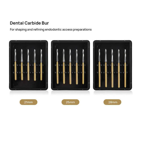 Dental Endodontic Carbide Burs FG Titanium Coated for shaping and refining endodontic access preparations. Three sets of five burs each in lengths 21mm, 25mm, and 28mm displayed in black trays. Gold-colored shafts with silver cutting tips visible.