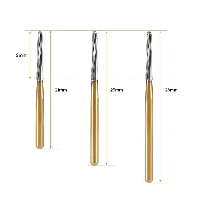 Dental Endodontic Carbide Burs FG Titanium Coated for Shaping Refining Endodontic Access Preparations, set of 3 burs with gold-colored shafts and silver tips, showing different lengths of 21mm, 25mm, and 28mm, 9mm cutting surface length, for safe and precise dental procedures