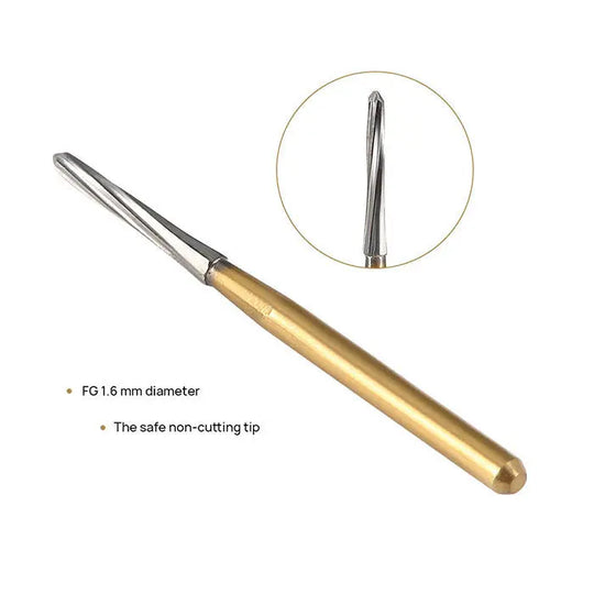 Dental Endodontic Carbide Burs FG Titanium Coated for shaping and refining access preparations. Gold-colored handle with silver tip, 1.6mm diameter, safe non-cutting end. Inset shows detailed view of rounded tip. Used in dental procedures for precise endodontic work.