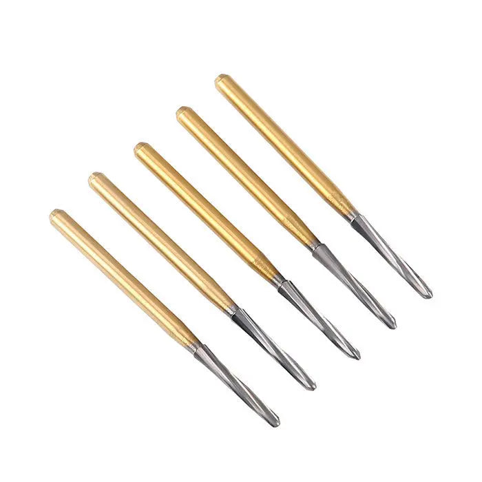 Dental Endodontic Carbide Burs FG Titanium Coated for shaping and refining endodontic access preparations. Set of 5 golden-colored burs with varying lengths, featuring safe-ended non-cutting tips and tungsten carbide construction. Designed for precise dental procedures.