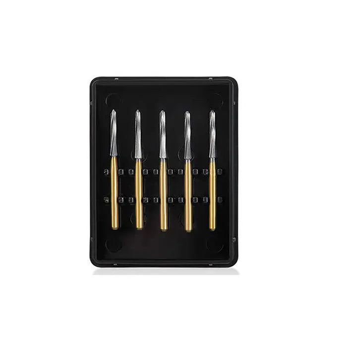 Dental Endodontic Carbide Burs FG Titanium Coated set of 5 burs in black plastic case. Gold-colored shafts with silver tips for shaping and refining endodontic access preparations. Safe-ended design prevents pulp chamber penetration. Available in 21/25/28mm lengths.