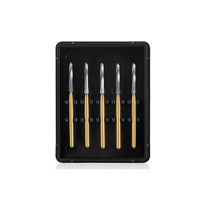 Dental Endodontic Carbide Burs FG Titanium Coated for shaping refining endodontic access preparations, set of 5 gold-colored burs with silver tips in black case, 21/25/28mm lengths, safe-ended non-cutting tips, tungsten carbide shank, 9mm cutting surface