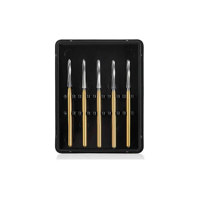 Dental Endodontic Carbide Burs FG Titanium Coated set of 5 in black plastic case. Gold-colored shanks with silver tips for shaping and refining endodontic access preparations. Safe-ended design for precise dental procedures.