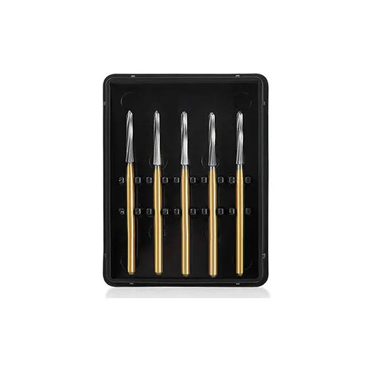 Dental Endodontic Carbide Burs FG Titanium Coated set of 5 in black plastic case. Gold-colored shanks with silver tips for shaping and refining endodontic access preparations. Safe-ended design for precise dental procedures.