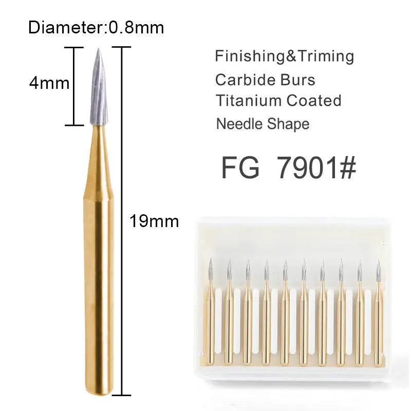 Dental Carbide Burs FG 7901 Needle Shaped Trimming & Finishing 10pcs/Box: Close-up of titanium-coated needle-shaped bur with 0.8mm diameter, 4mm length, and 19mm total length. Set of 10 burs shown in packaging.