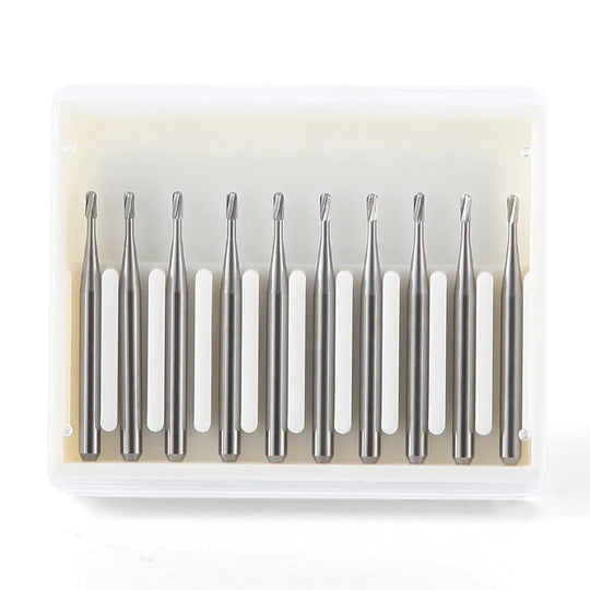 Dental Carbide Bur FG #330 Pear Shaped 10pcs/Box: Set of 10 silver pear-shaped tungsten steel dental burs in clear plastic packaging, designed for high-speed dental handpieces, featuring sharp cutting edges and high concentricity for stable and durable performance.