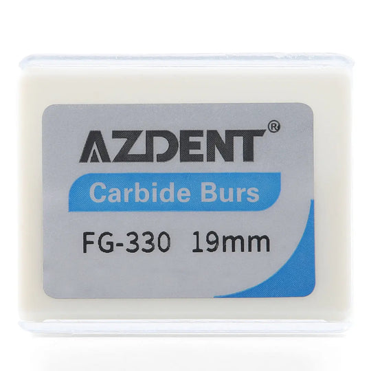 Dental Carbide Bur FG #330 Pear Shaped 10pcs/Box by AZDENT in clear plastic case. Product label shows Carbide Burs FG-330 19mm. High-speed tungsten carbide burs for dental handpieces, featuring sharp cutting edge and durability.