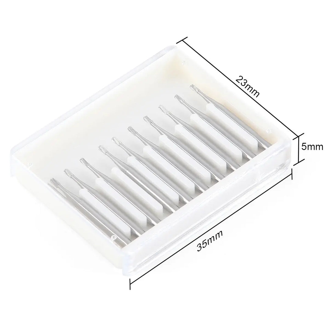 Dental Carbide Bur FG #330 Pear Shaped 10pcs/Box in white plastic case, showing 10 silver tungsten steel burs neatly arranged. Case dimensions 35mm x 29mm x 6mm visible.