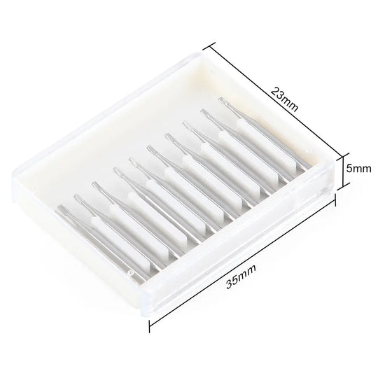 Dental Carbide Bur FG #330 Pear Shaped 10pcs/Box in white plastic case, showing 10 silver tungsten steel burs neatly arranged. Case dimensions 35mm x 29mm x 6mm visible.