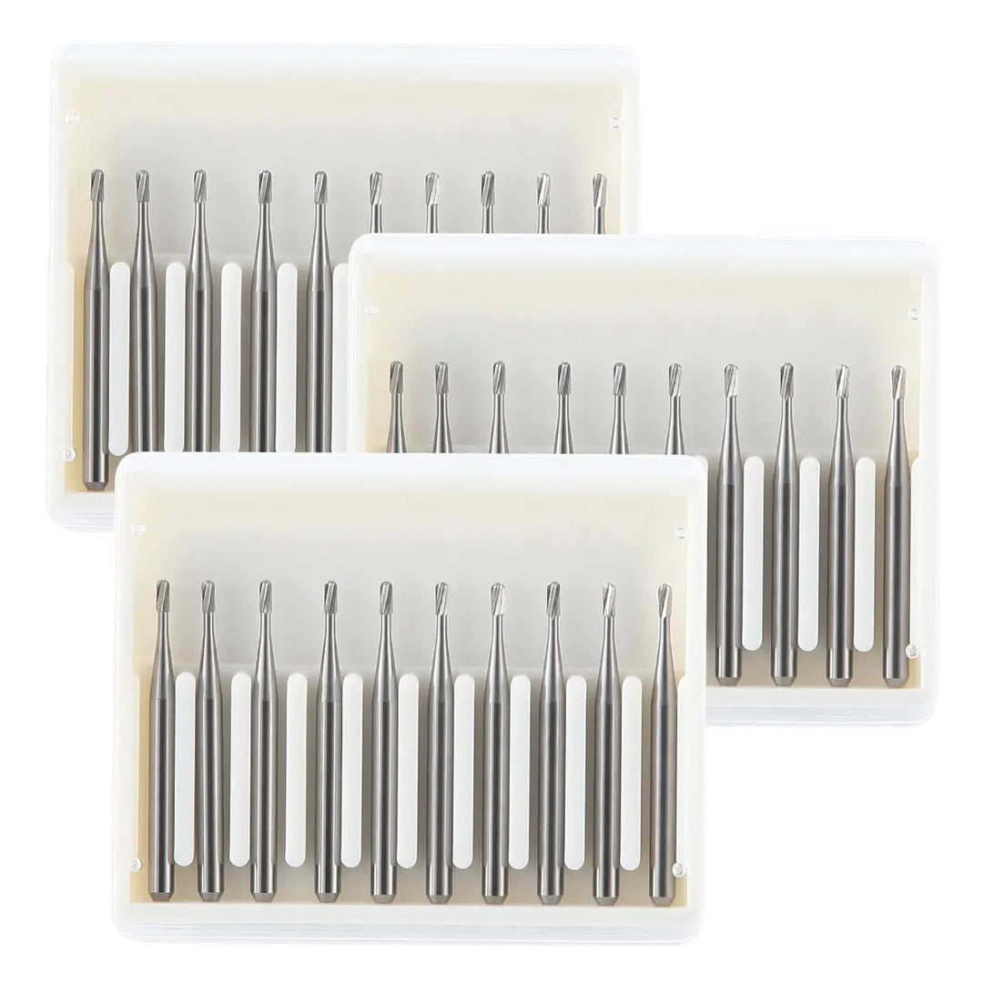 Dental Carbide Bur FG #330 Pear Shaped 10pcs/Box: Three clear plastic cases containing multiple slender, metallic dental burs with pear-shaped tips, used for high-speed dental handpieces. The burs are arranged neatly in rows, showcasing their precision-engineered design for dental procedures.