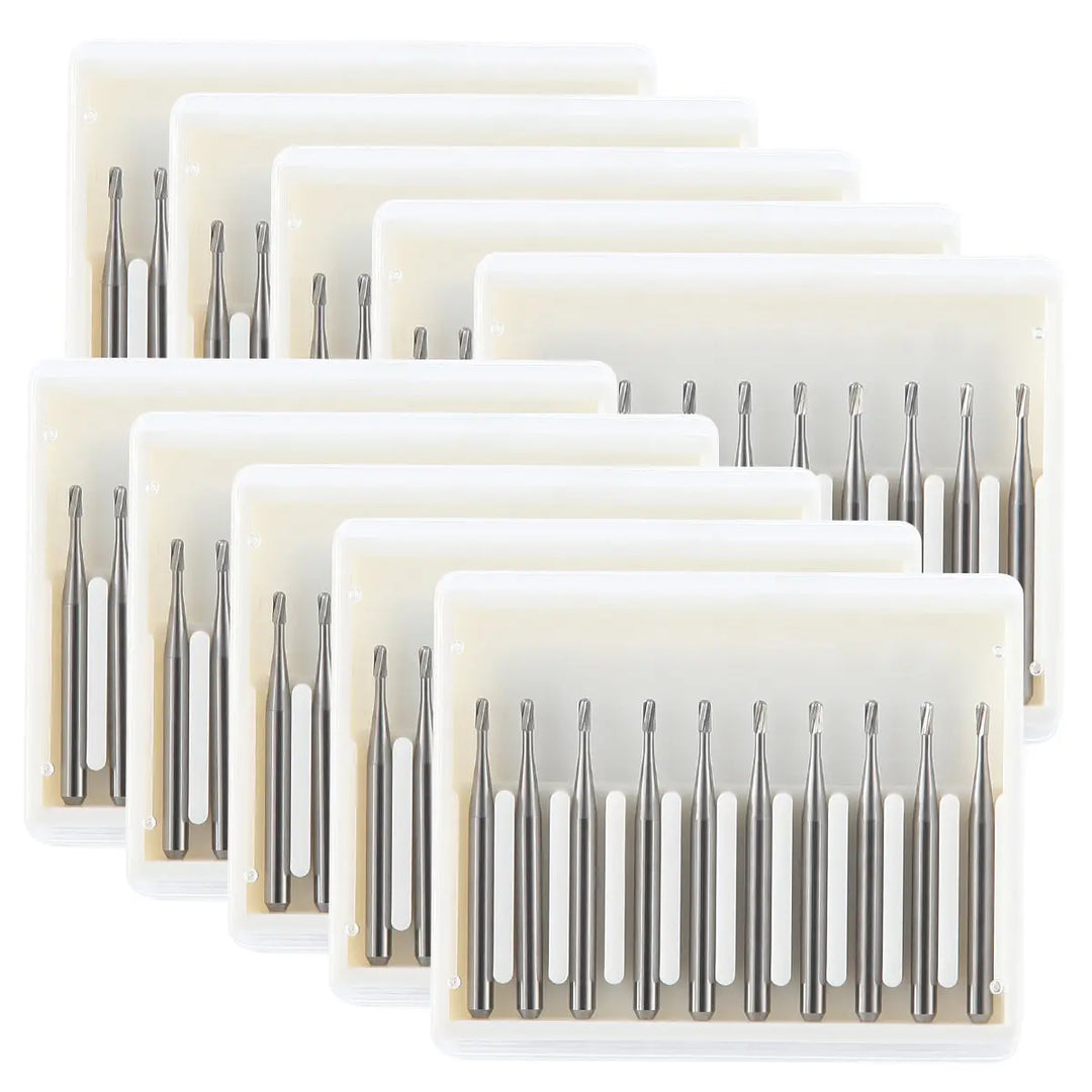 Dental Carbide Bur FG #330 Pear Shaped 10pcs/Box displayed in multiple clear plastic cases containing silver metallic dental burs with pear-shaped tips, arranged neatly in rows, showcasing the product's quantity, shape, and packaging for dental professionals.