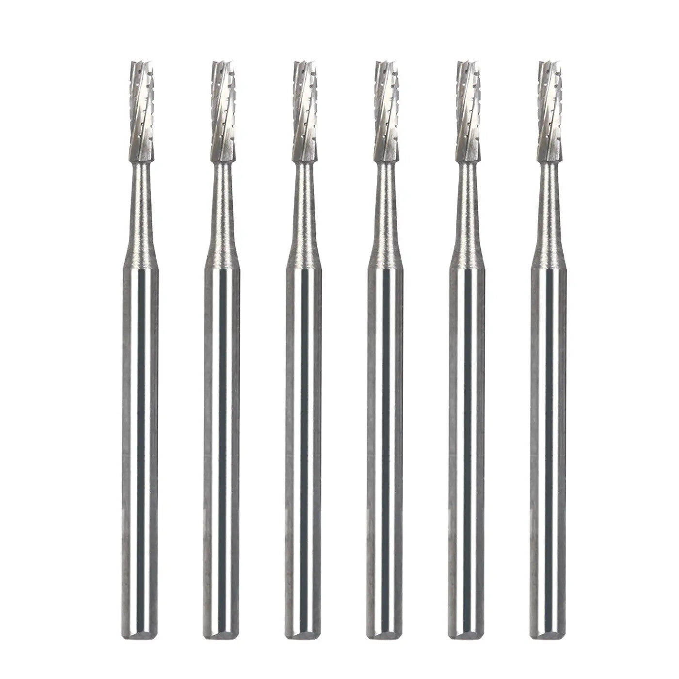 Dental Carbide Bur FG #557 Surgical Length Straight Fissure Crosscut 25mm 6pcs/Box: Six silver metallic dental burs with long, slender shafts and cylindrical cutting heads, arranged in a row on a white background, showcasing precise dental tools for surgical procedures.