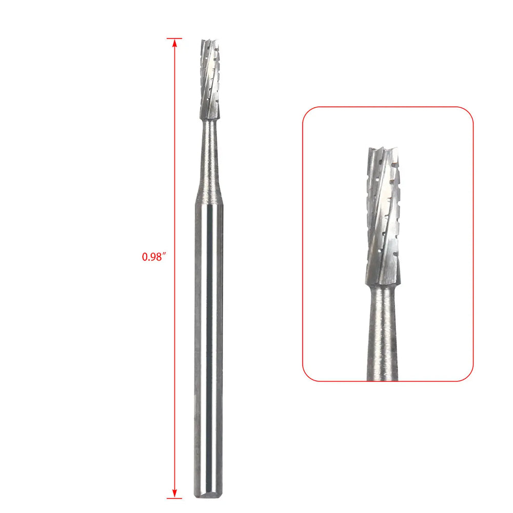 Dental Carbide Bur FG #557 Surgical Length Straight Fissure Crosscut 25mm 6pcs/Box, showing detailed view of the bur's long shaft and cutting head with spiral flutes. Image includes measurement and close-up inset highlighting the precise cutting edge design.