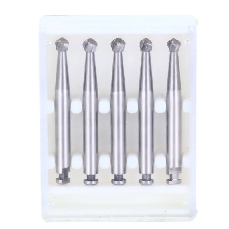 Five Dental RA #8 Round Carbide Burs for Slow Speed Latch 2.3mm arranged neatly in a white plastic container, showcasing their sleek silver design and rounded tips for precise dental work.