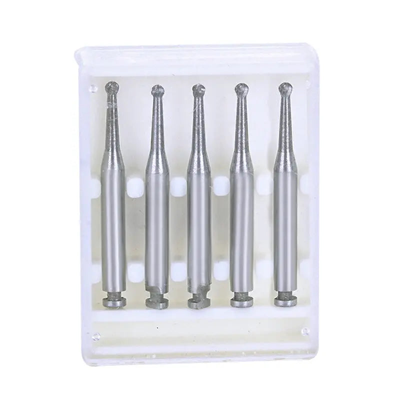 Five Dental RA #4 Round Carbide Burs for Slow Speed Latch 1.4mm displayed in a clear plastic case. The burs are silver in color with round heads and long shanks, designed for precision dental work.