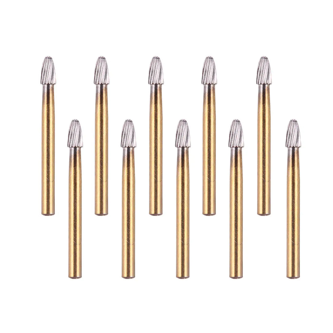 Dental Carbide Burs FG 7406 Egg Shaped Trimming & Finishing 10pcs/Box. Ten gold-colored tungsten carbide dental burs with silver egg-shaped heads arranged vertically. Titanium-coated 12-fluted burs for high-speed handpieces, showcasing durability and cutting performance.