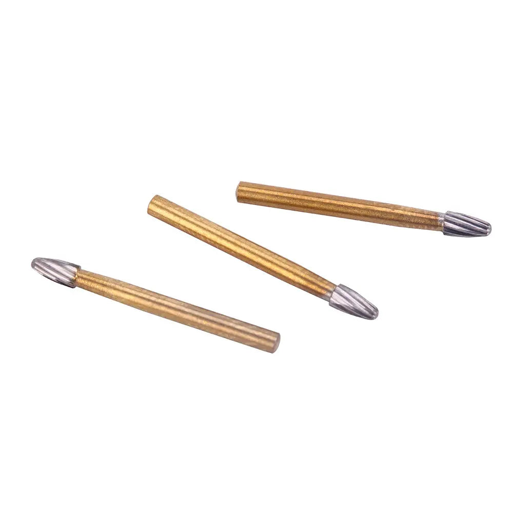 Dental Carbide Burs FG 7406 Egg Shaped Trimming & Finishing 10pcs/Box: Three golden titanium-coated tungsten carbide dental burs with silver egg-shaped tips, designed for high-speed handpieces, displayed on a white background