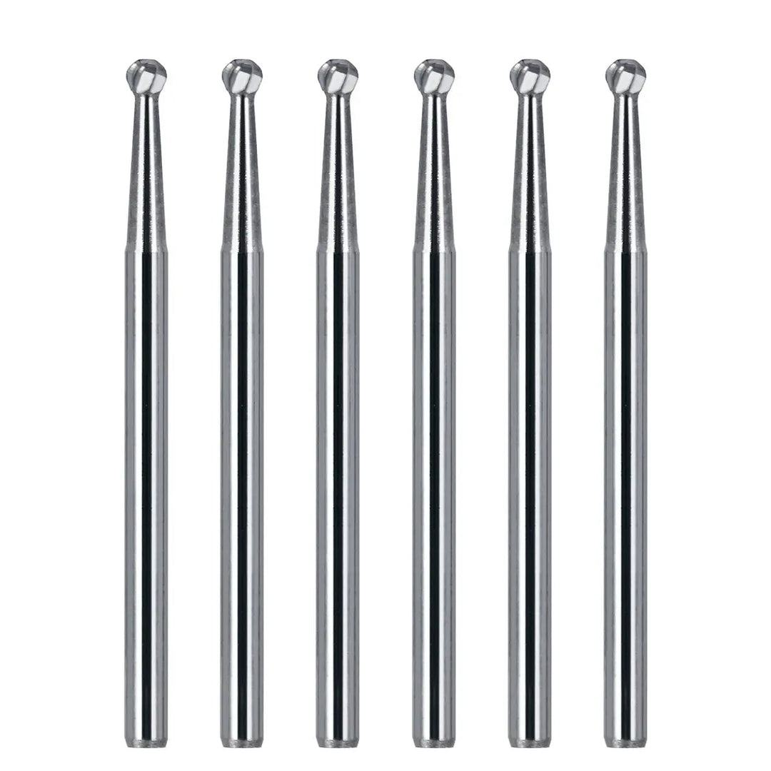 Dental FG #4 SL Surgical Length Round 25mm Carbide Burs, 6pcs/Box. Six long, slender silver metal dental burs with round heads, arranged in a row. These high-speed handpiece tools feature tungsten carbide tips for smooth, powerful cutting in dental procedures.