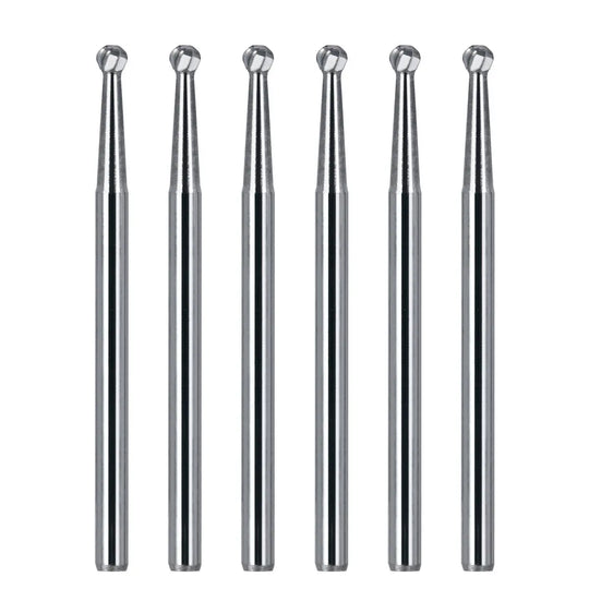 Dental FG #4 SL Surgical Length Round 25mm Carbide Burs, 6pcs/Box. Six long, slender silver metal dental burs with round heads, arranged in a row. These high-speed handpiece tools feature tungsten carbide tips for smooth, powerful cutting in dental procedures.