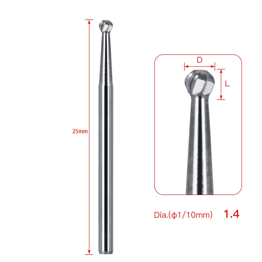 Dental FG #4 SL Surgical Length Round 25mm Carbide Burs, showing full-length 25mm bur and close-up of round tip. Diagram indicates dimensions: 25mm length, 1.4mm diameter. High-speed handpiece compatible, tungsten carbide material for smooth, powerful cutting.