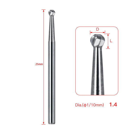 Dental FG #4 SL Surgical Length Round 25mm Carbide Burs, showing full-length 25mm bur and close-up of round tip. Diagram indicates dimensions: 25mm length, 1.4mm diameter. High-speed handpiece compatible, tungsten carbide material for smooth, powerful cutting.