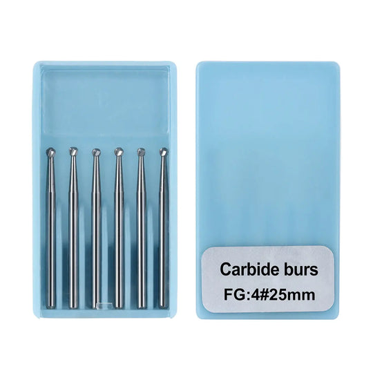 Dental FG #4 SL Surgical Length Round 25mm Carbide Burs in light blue plastic box, displaying 6 silver metallic burs neatly arranged in a row, with product label visible on lid for dental high-speed handpiece use