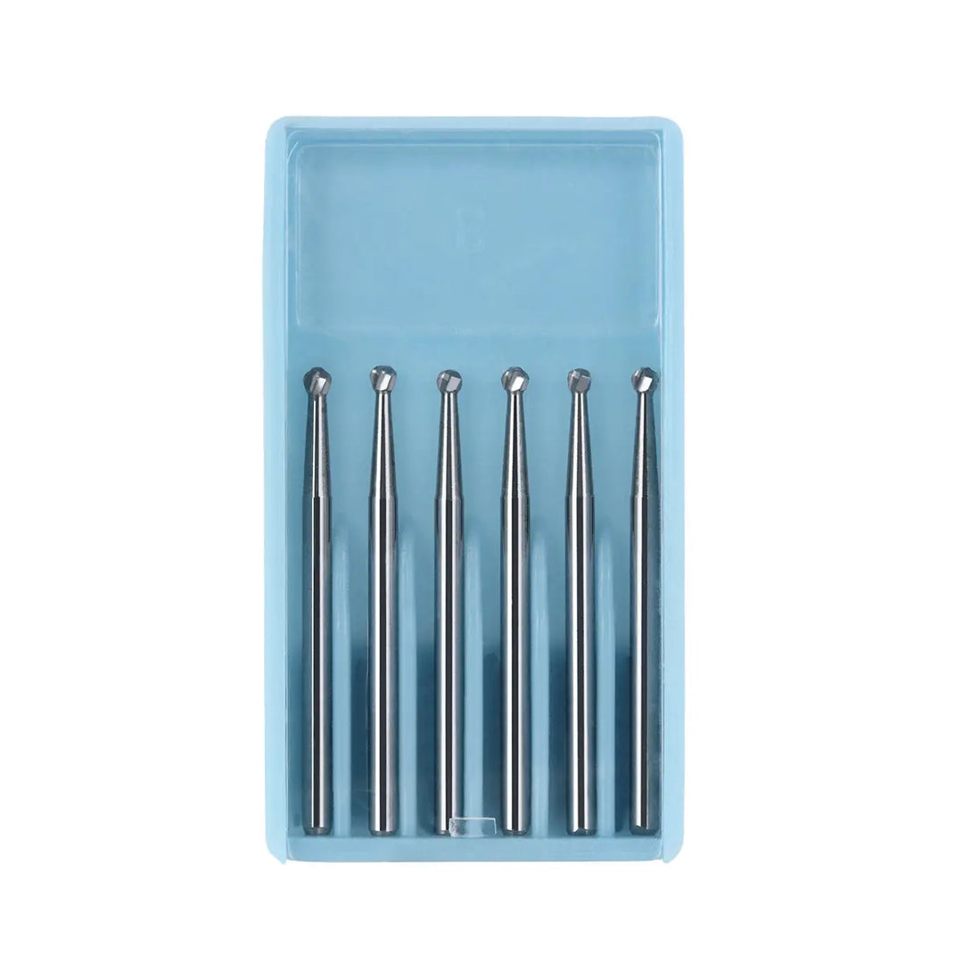 Dental FG #4 SL Surgical Length Round 25mm Carbide Burs 6pcs/Box displayed in a light blue plastic organizer tray. Six silver, long-shank dental burs with round heads are neatly arranged in a row, showcasing their precision design for high-speed dental handpieces.