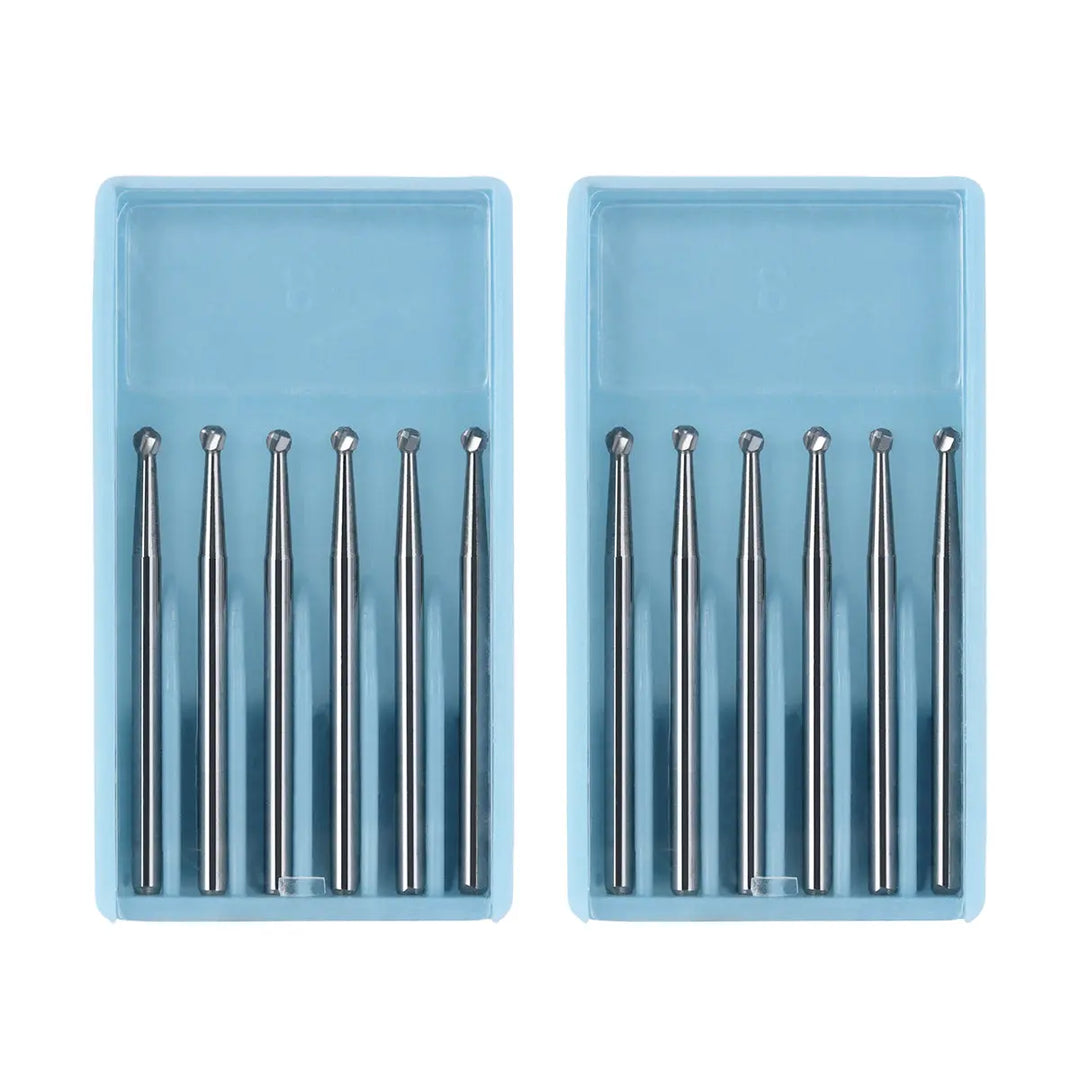 Dental FG #4 SL Surgical Length Round 25mm Carbide Burs in two blue plastic cases, each containing six long, slender metal dental burs with round tips, neatly arranged in rows for high-speed handpieces